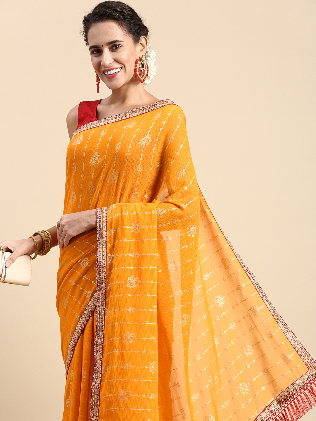

Indian Women Ethnic Motifs Printed Zari Saree, Yellow