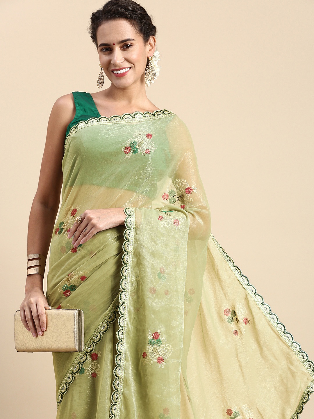 

Indian Women Floral Zari Poly Chiffon Saree, Sea green