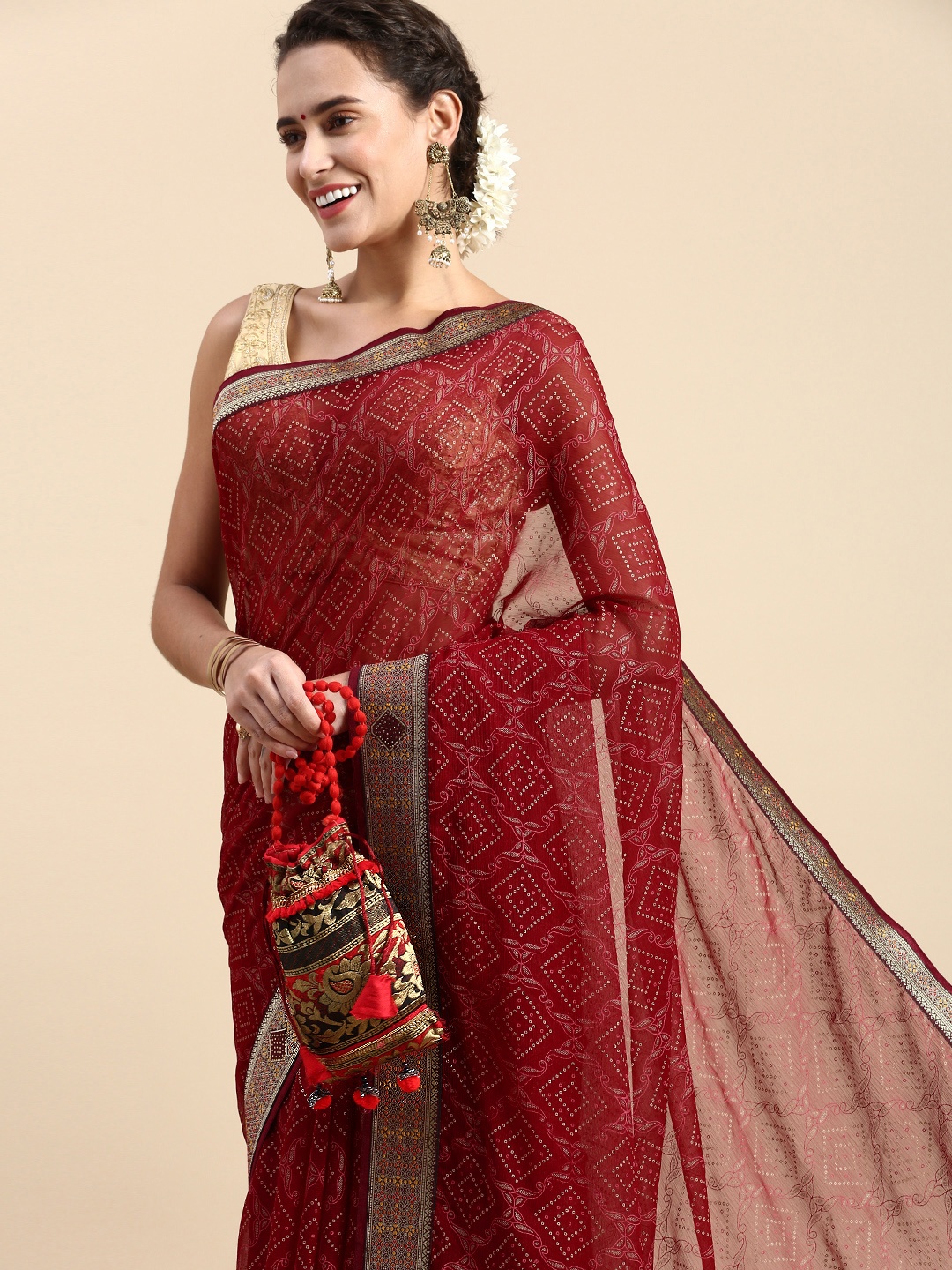

Indian Bandhani Zari Saree, Maroon