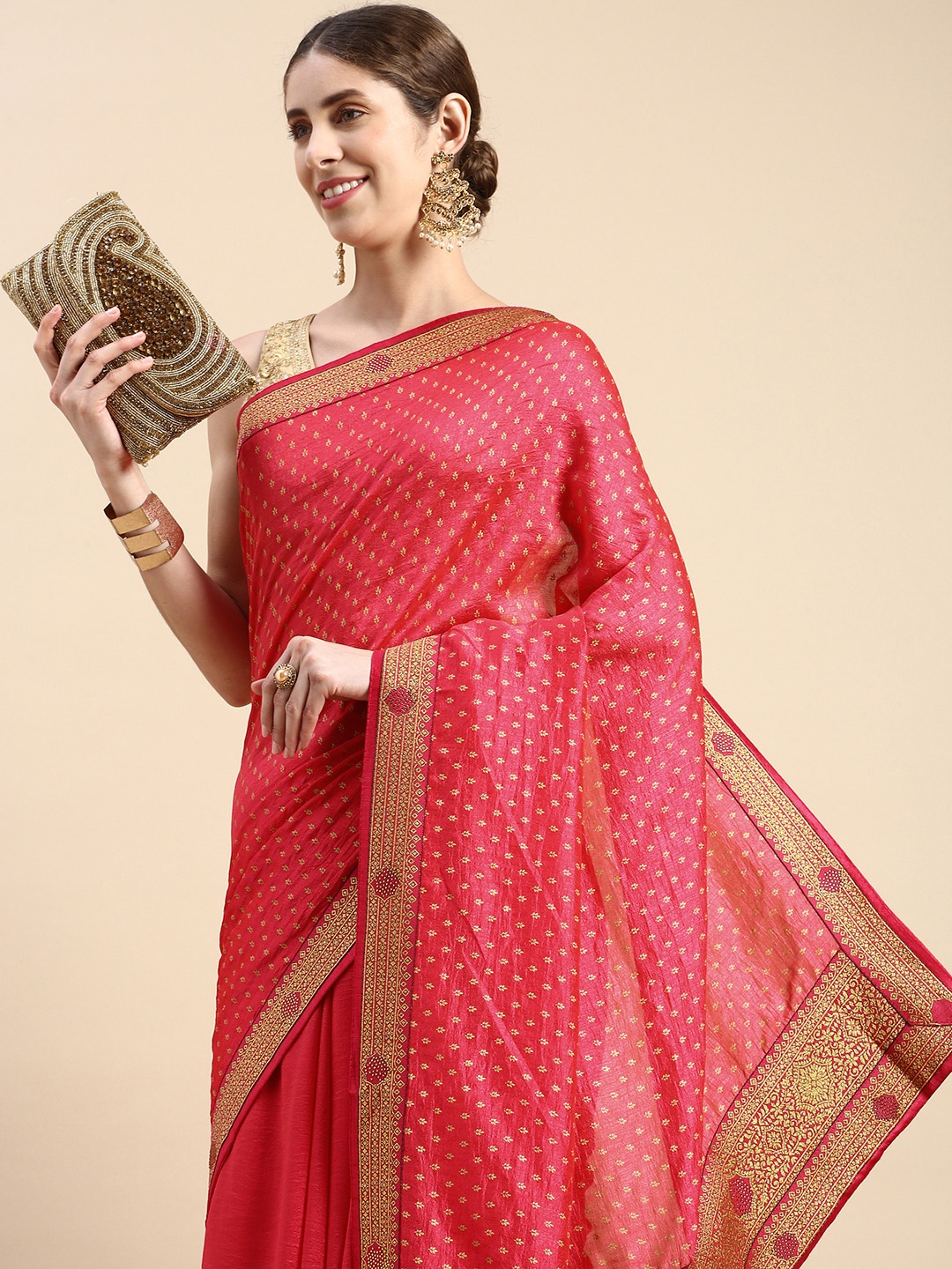 

Indian Women Ethnic Motifs Zari Silk Blend Saree, Pink