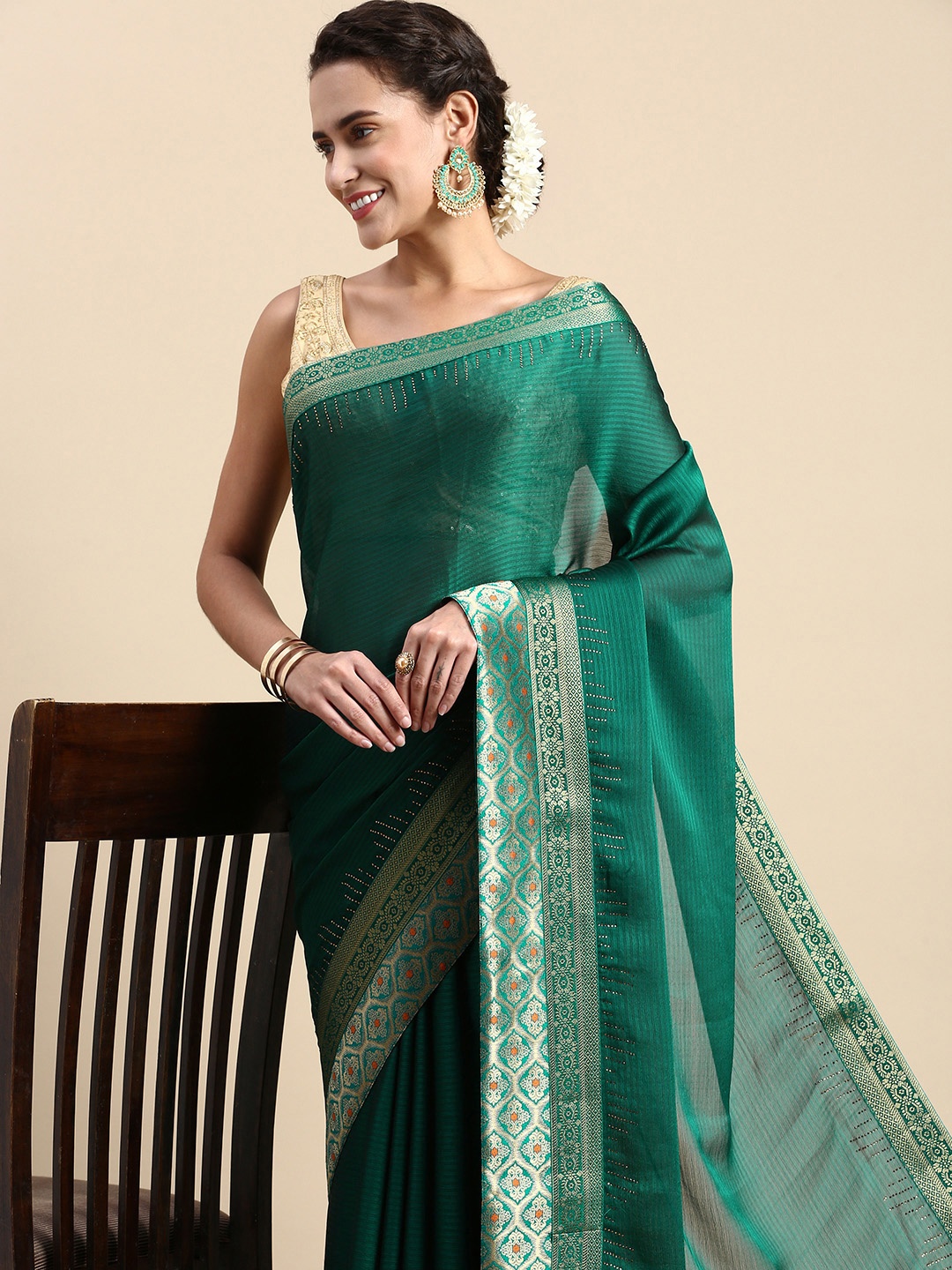 

Indian Women Striped Zari Satin Saree, Teal