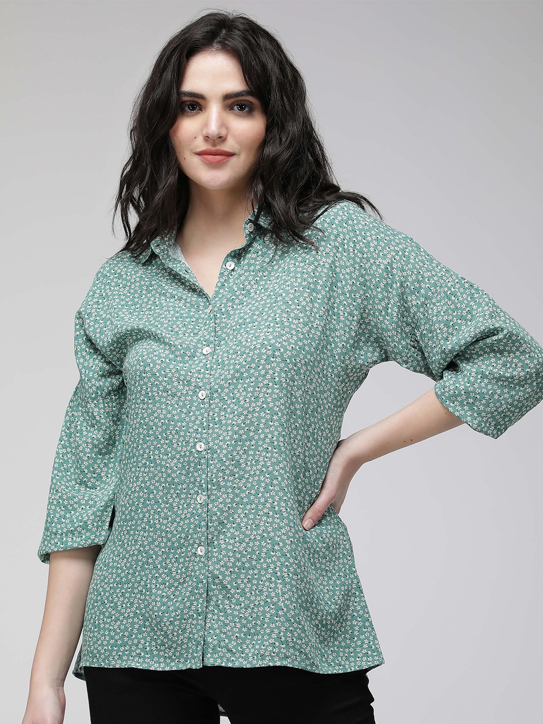 

IDK Floral Printed Shirt Style Top, Green