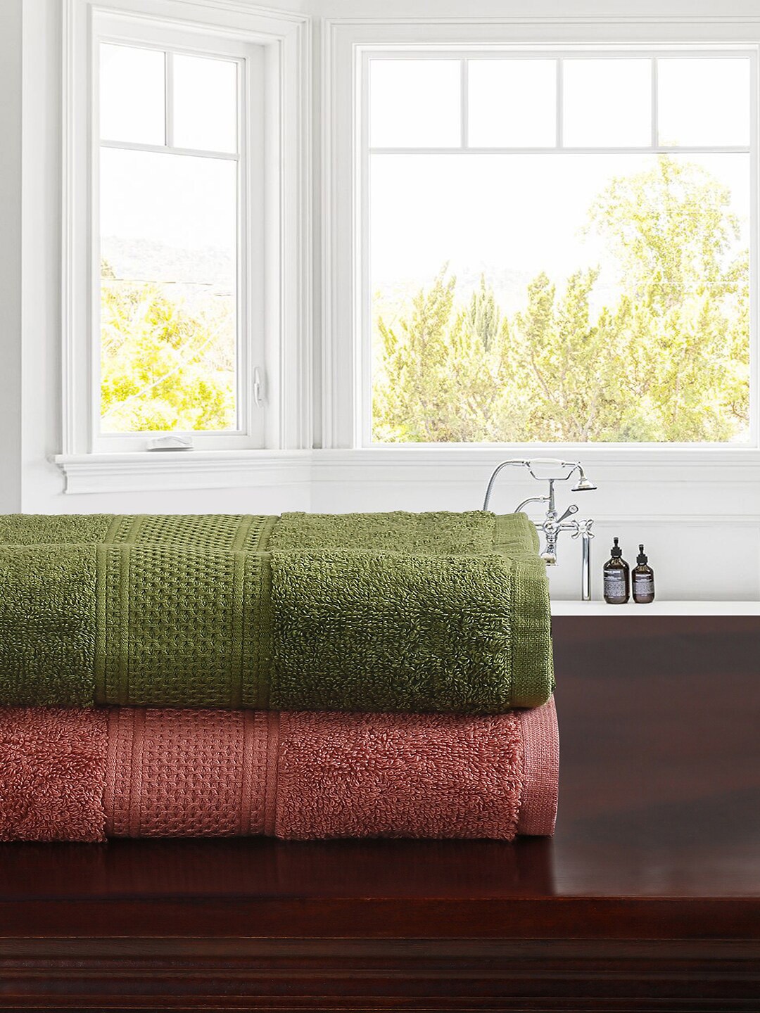 

MYTRIDENT Olive Green Coral 2 Pieces 450GSM Cotton Towel