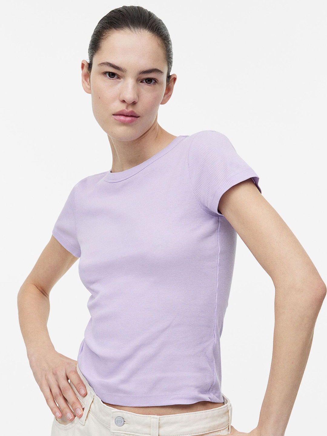 

H&M Women Ribbed Modal-Blend T-Shirt, Purple