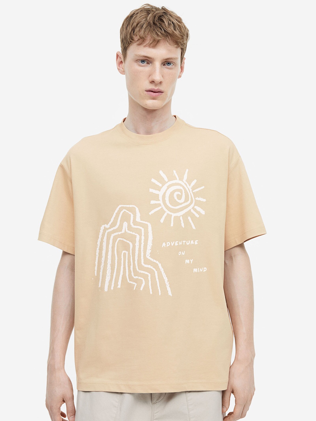 

H&M Men Cotton Relaxed Fit Printed T-shirt, Beige