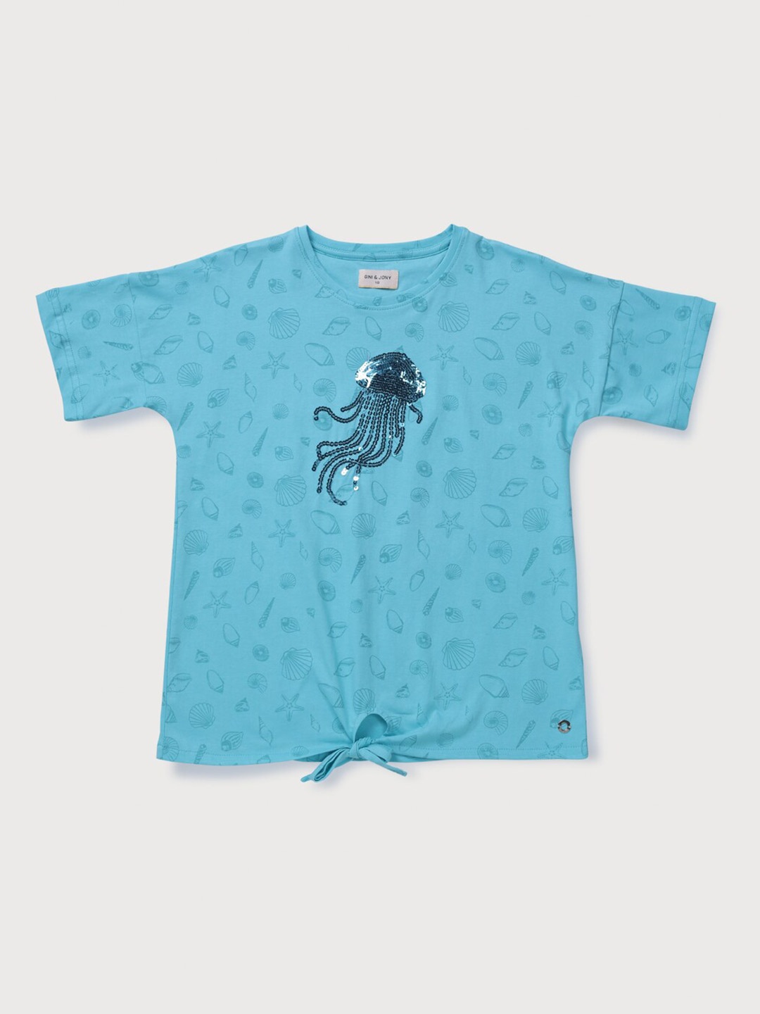 

Gini and Jony Girls Tropical Printed Sequined Cotton Top, Blue
