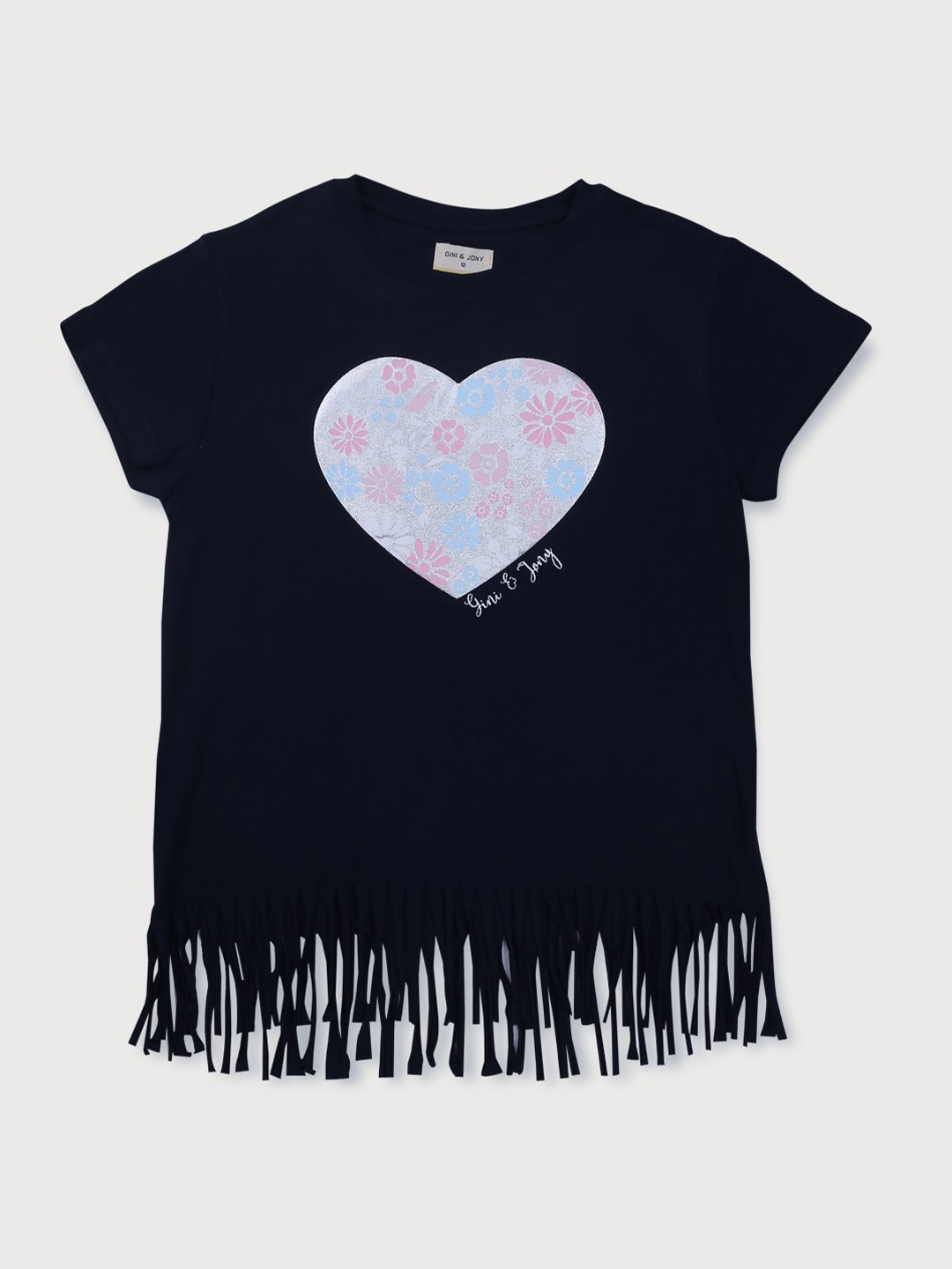 

Gini and Jony Infants Girls Floral Printed Fringed Cotton Top, Black