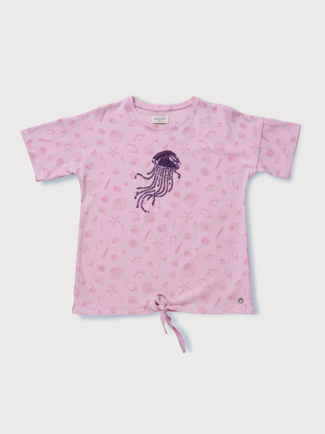 

Gini and Jony Girls Conversational Printed Sequined Cotton Top, Pink