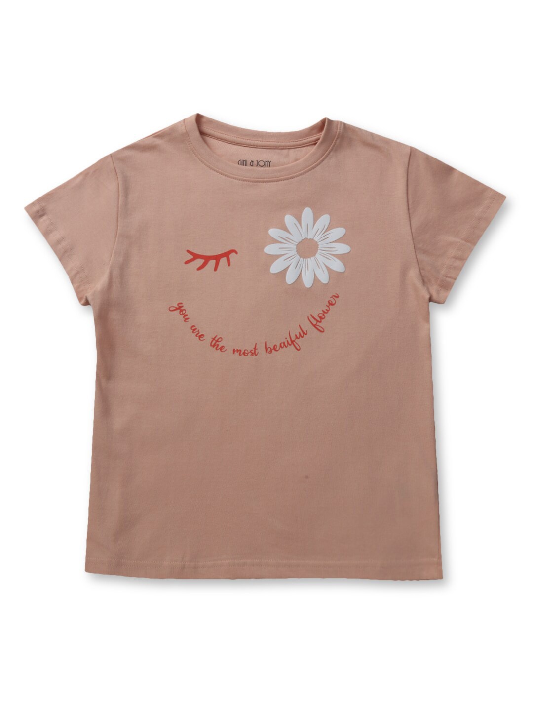 

Gini and Jony Girls Typography Printed Cotton T-shirt, Peach