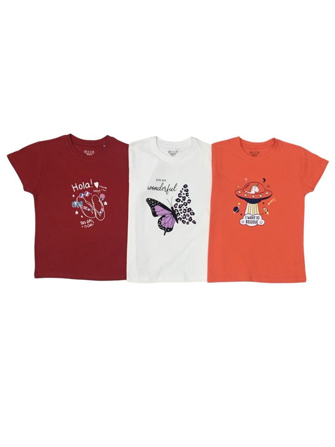 

Gini and Jony Girls Pack Of 3 Graphic Printed Cotton T-shirt, Maroon