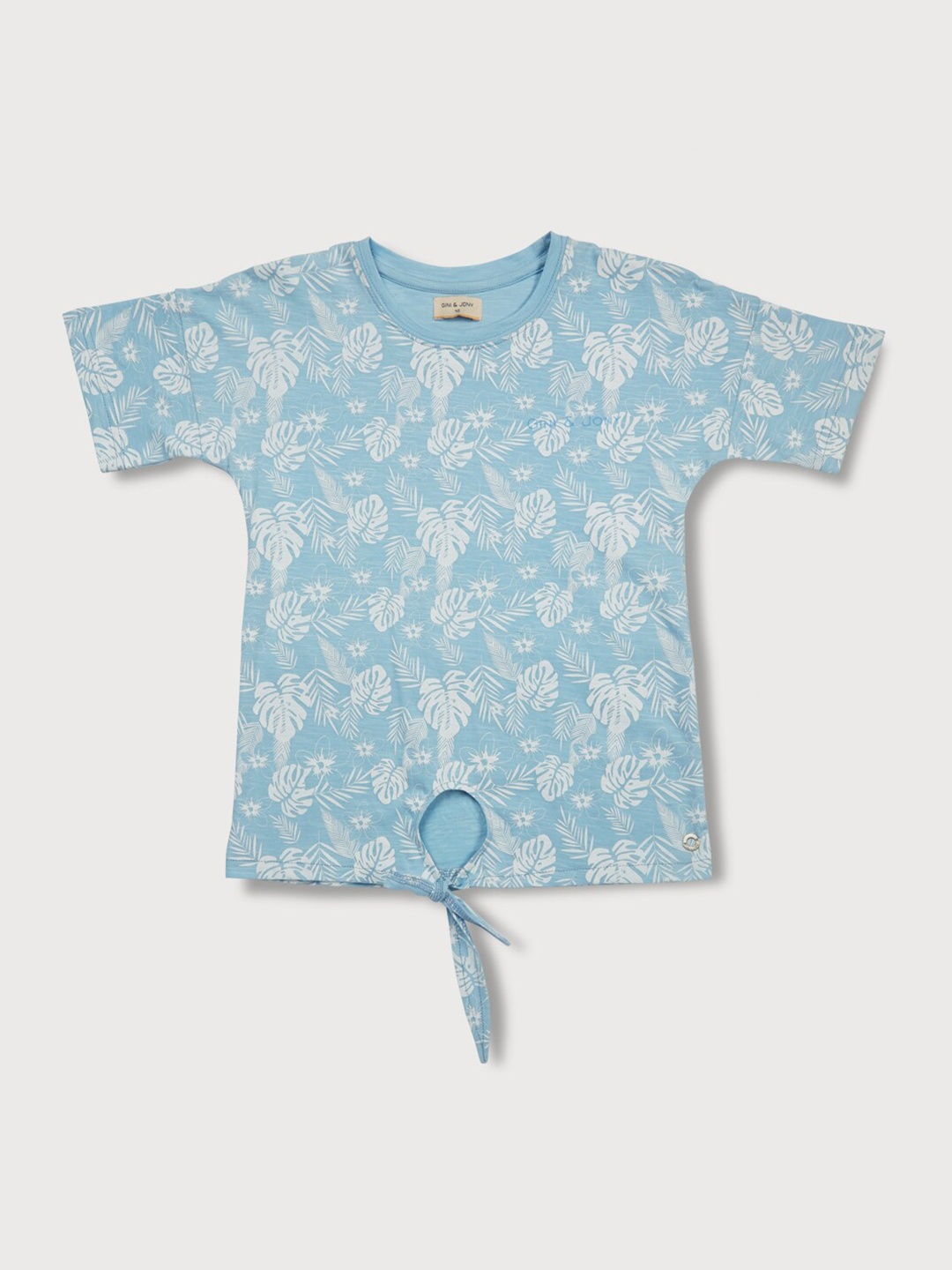 

Gini and Jony Girls Floral Printed Drop-Shoulder Cut Out Cotton Top, Blue