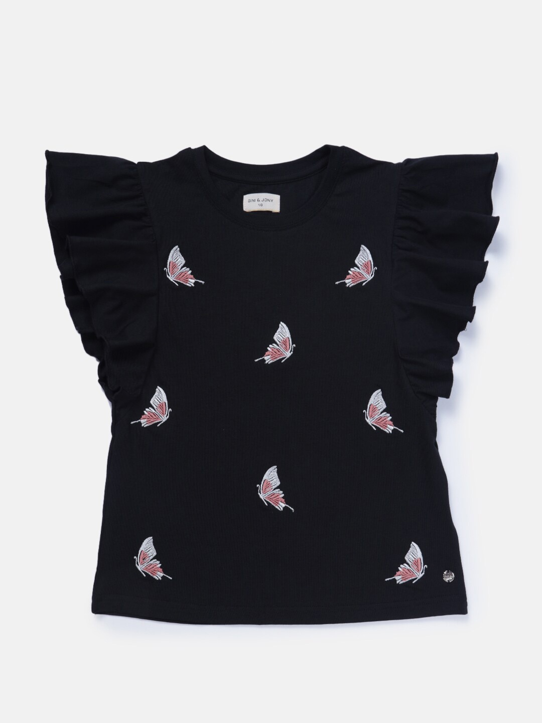 

Gini and Jony Butterfly Embroidered Flutter Sleeve Cotton Top, Black