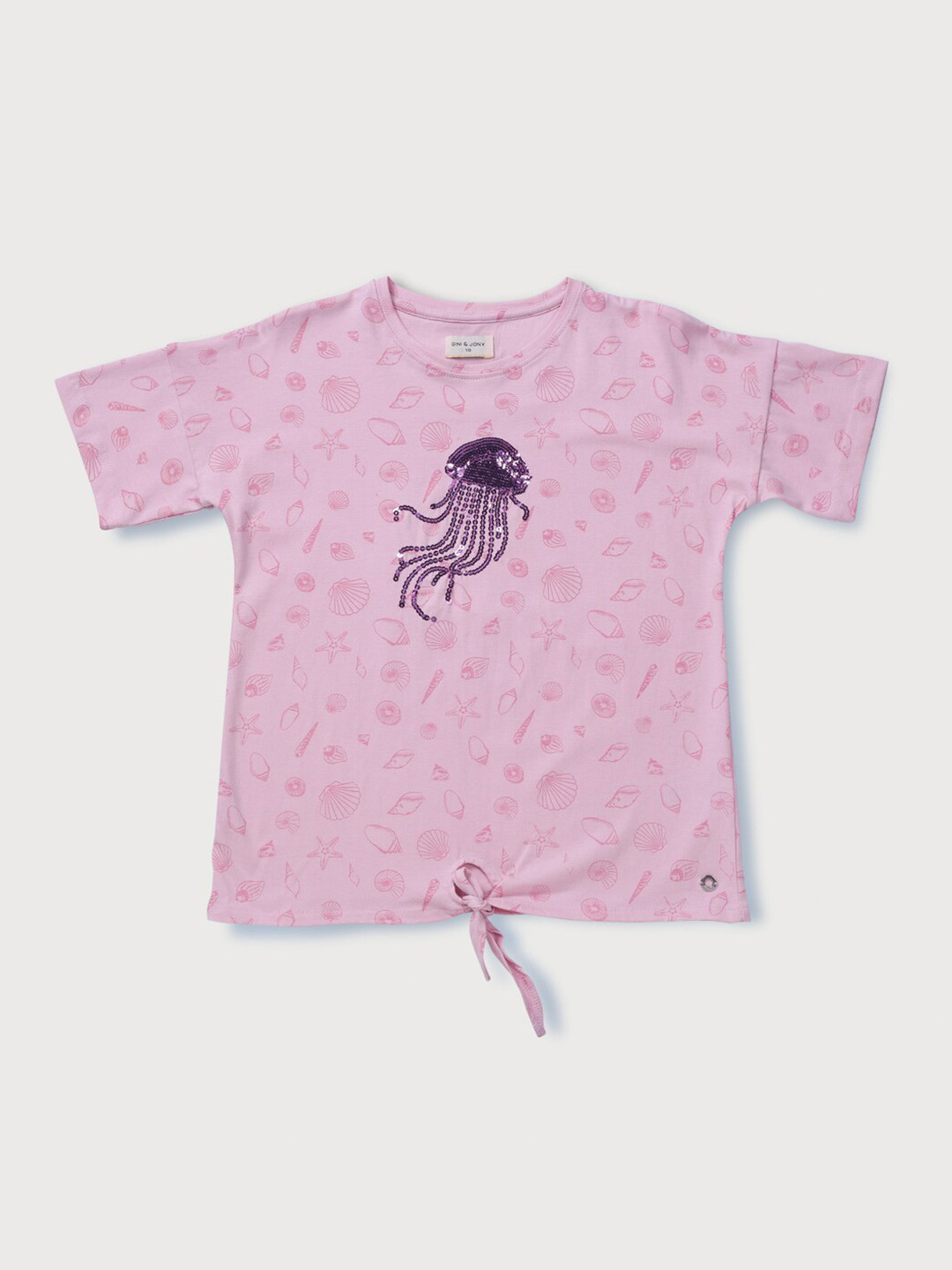

Gini and Jony Girls Conversational Printed Sequined Cotton Top, Pink