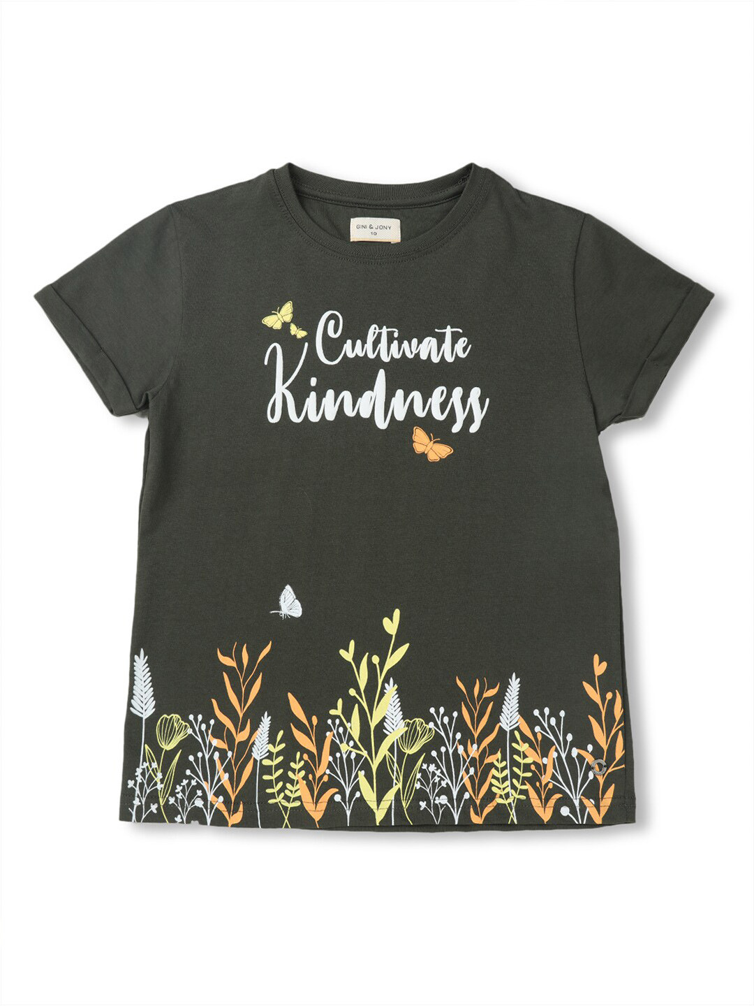 

Gini and Jony Girls Typography Printed Round Neck Cotton T-Shirt, Green