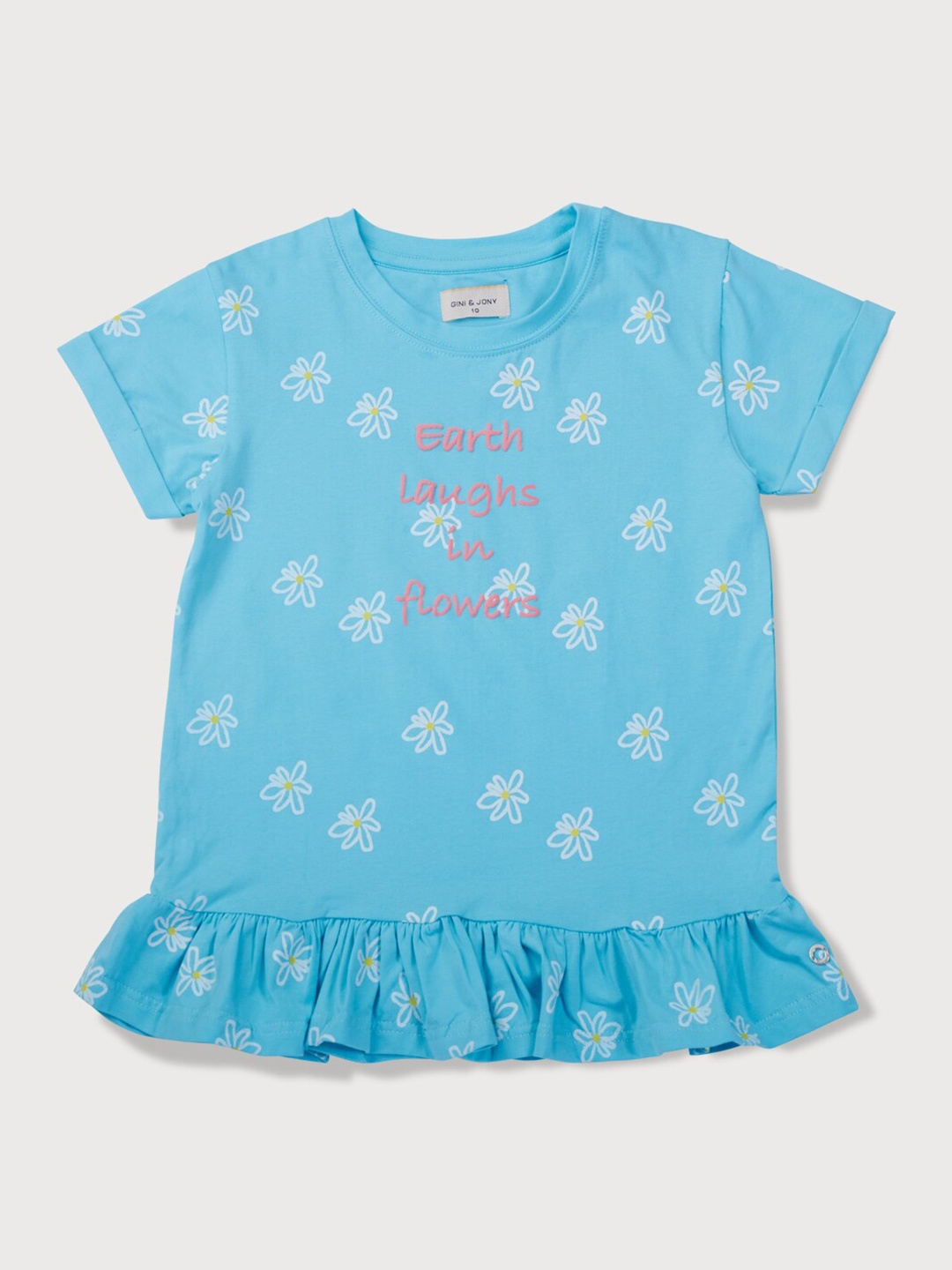 

Gini and Jony Infant Girls Floral Printed Ruffles Cotton Top, Blue