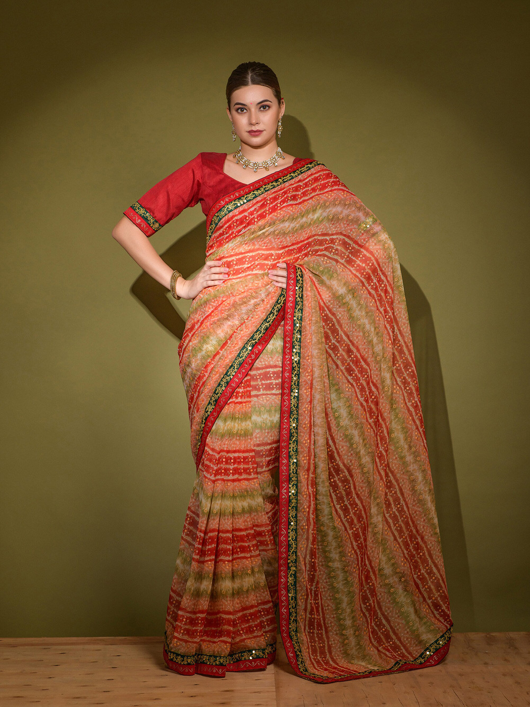 

elora Bandhani Printed Embroidered Patola Saree, Red