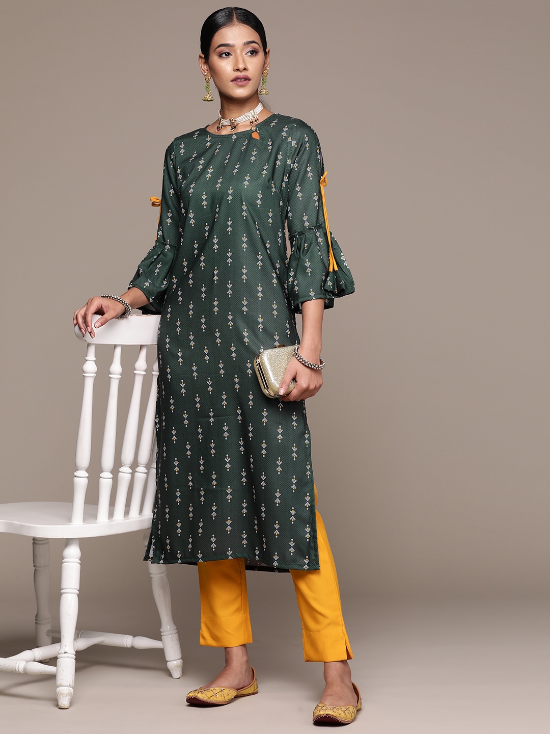 

ZIYAA Women Ethnic Motifs Printed Regular Kurta with Trousers, Green