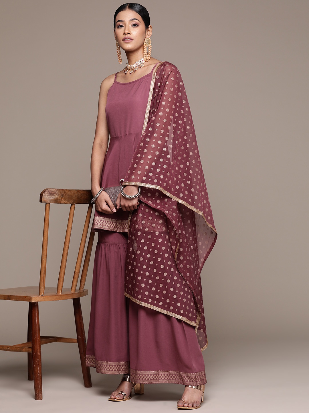 

ZIYAA Ethnic Motifs Printed Regular Kurta with Sharara & With Dupatta, Brown