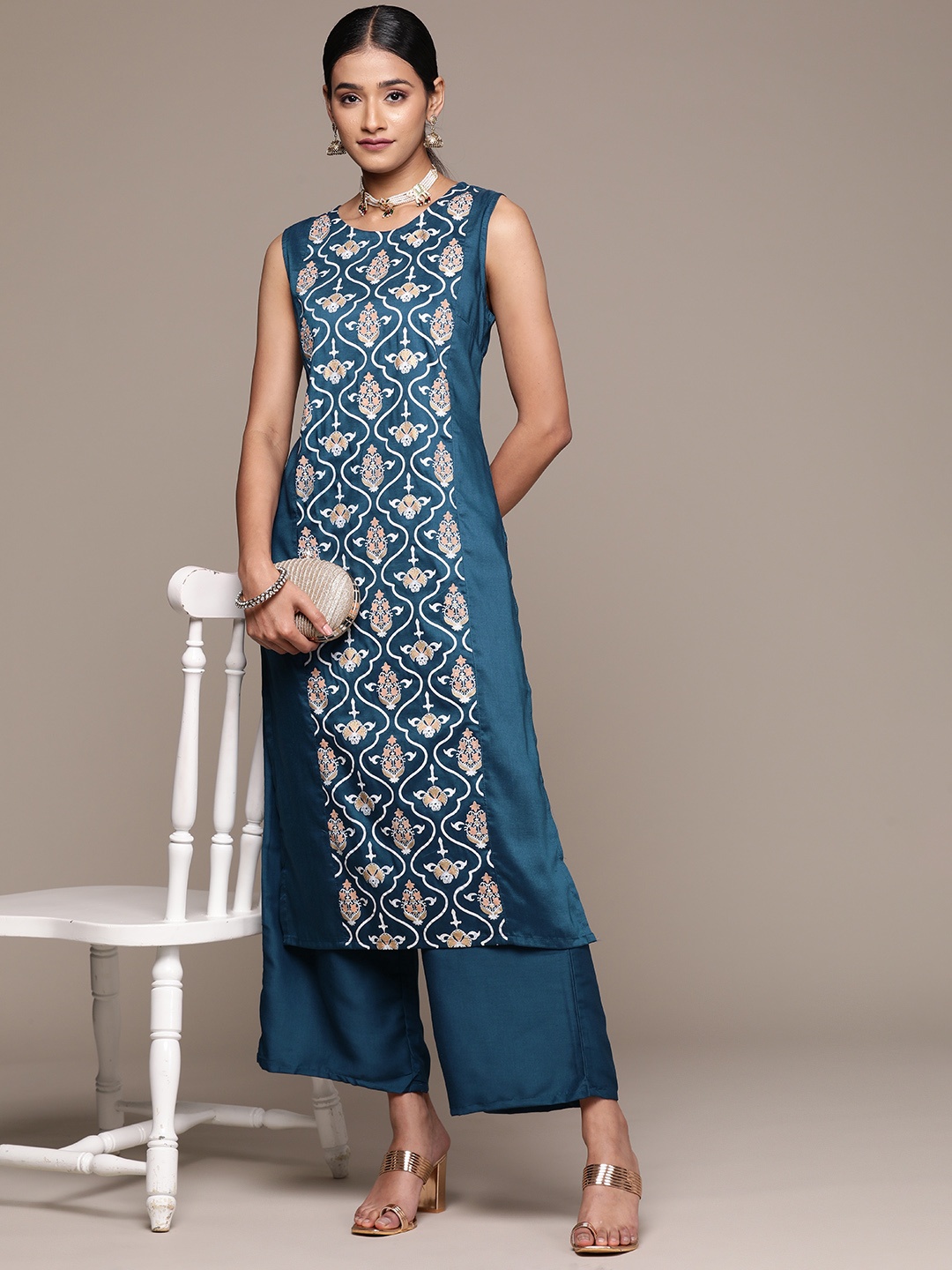 

ZIYAA Ethnic Motifs Printed Regular Kurta with Palazzos, Teal