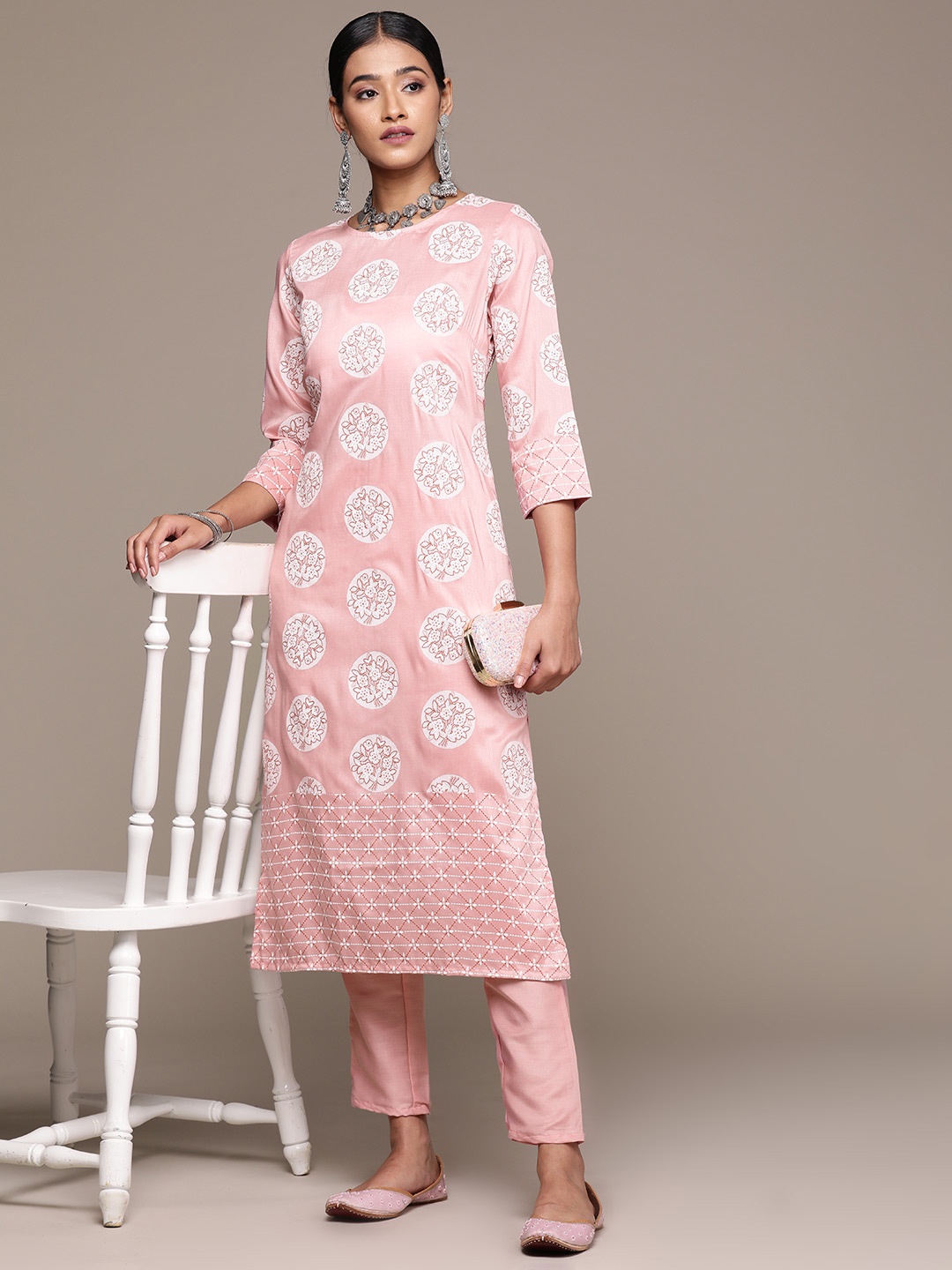

ZIYAA Floral Printed Regular Kurta with Trousers, Peach