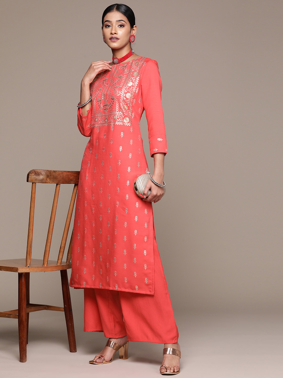 

ZIYAA Floral Printed Regular Kurta with Palazzos, Coral