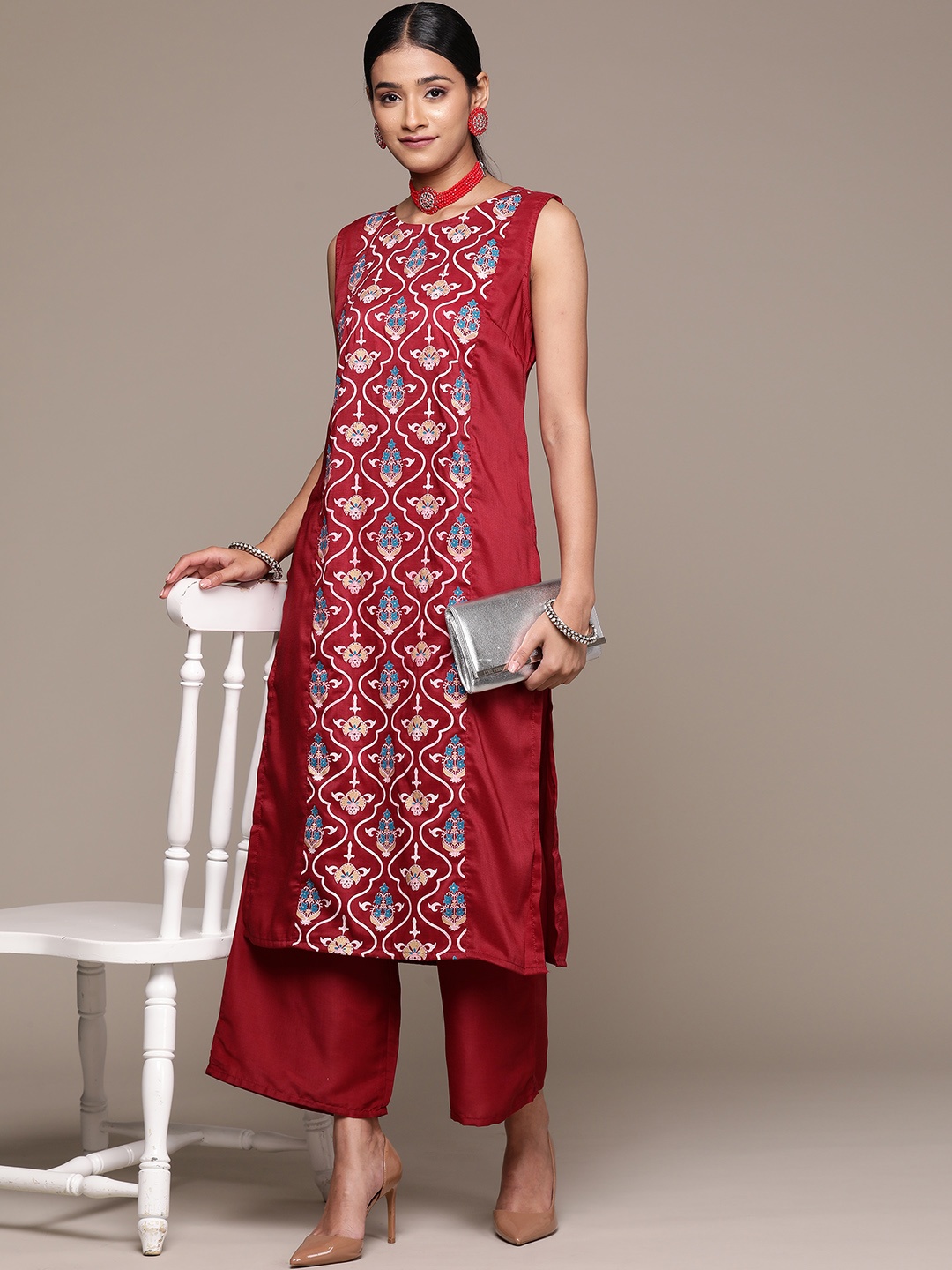 

ZIYAA Ethnic Motifs Printed Panelled Kurta with Palazzos, Maroon