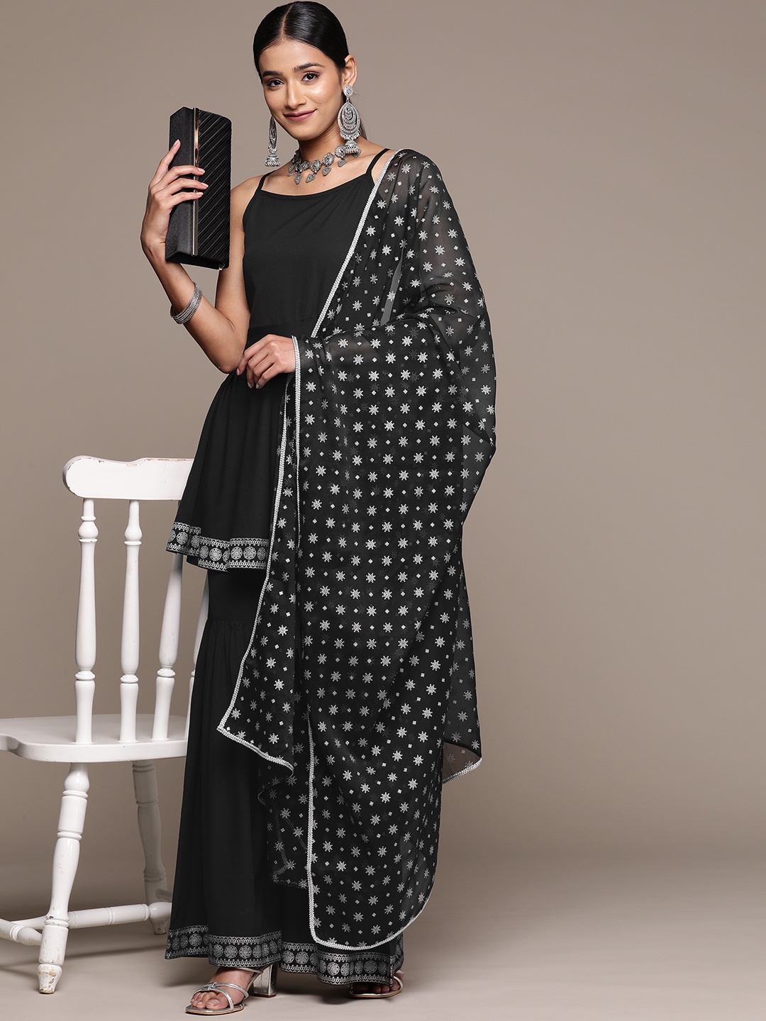 

ZIYAA Ethnic Motifs Printed Regular Kurta with Sharara & With Dupatta, Black