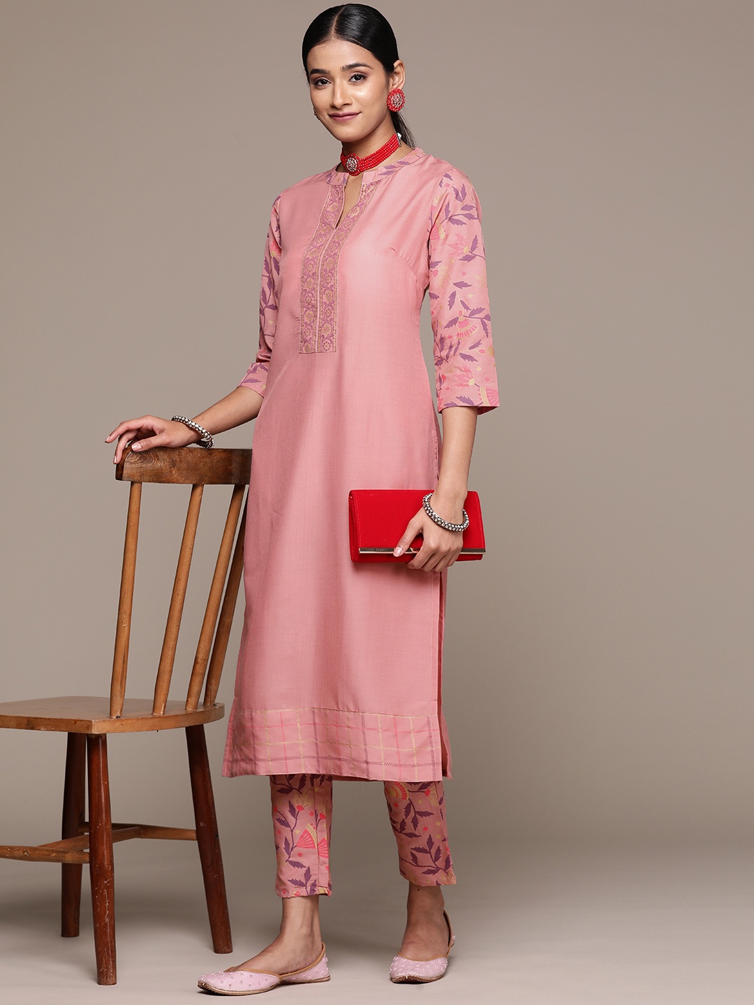 

ZIYAA Floral Printed Regular Kurta with Trousers, Peach