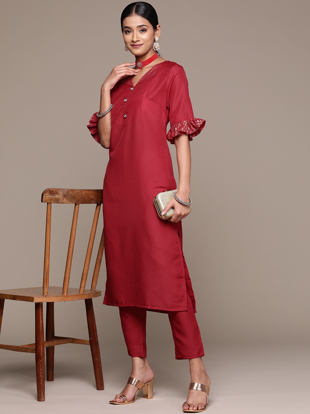 

ZIYAA Printed Regular Kurta with Trousers, Maroon