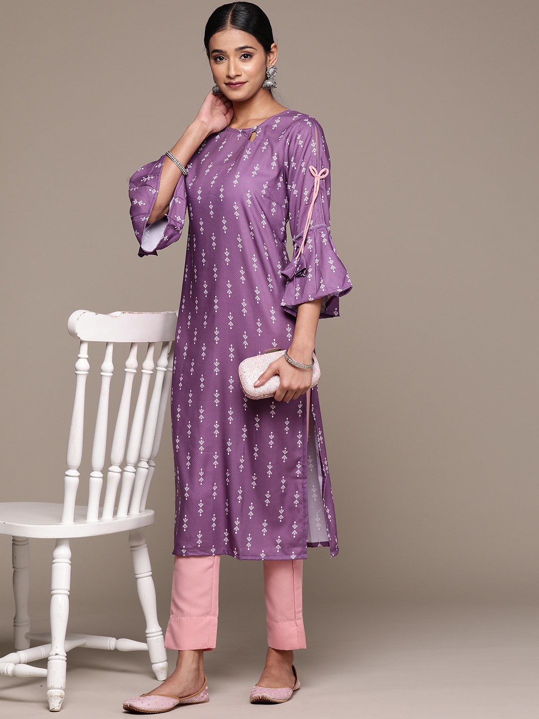 

ZIYAA Ethnic Motifs Printed Regular Kurta with Trousers, Lavender