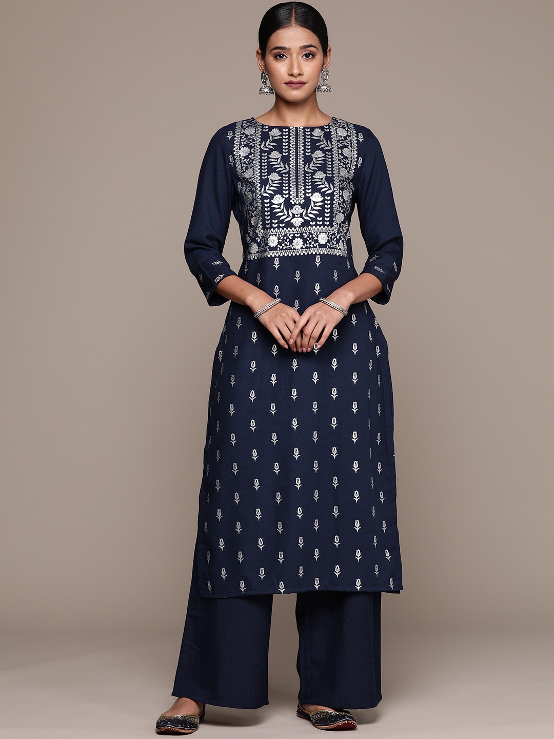 

ZIYAA Floral Printed Regular Kurta with Palazzos, Navy blue