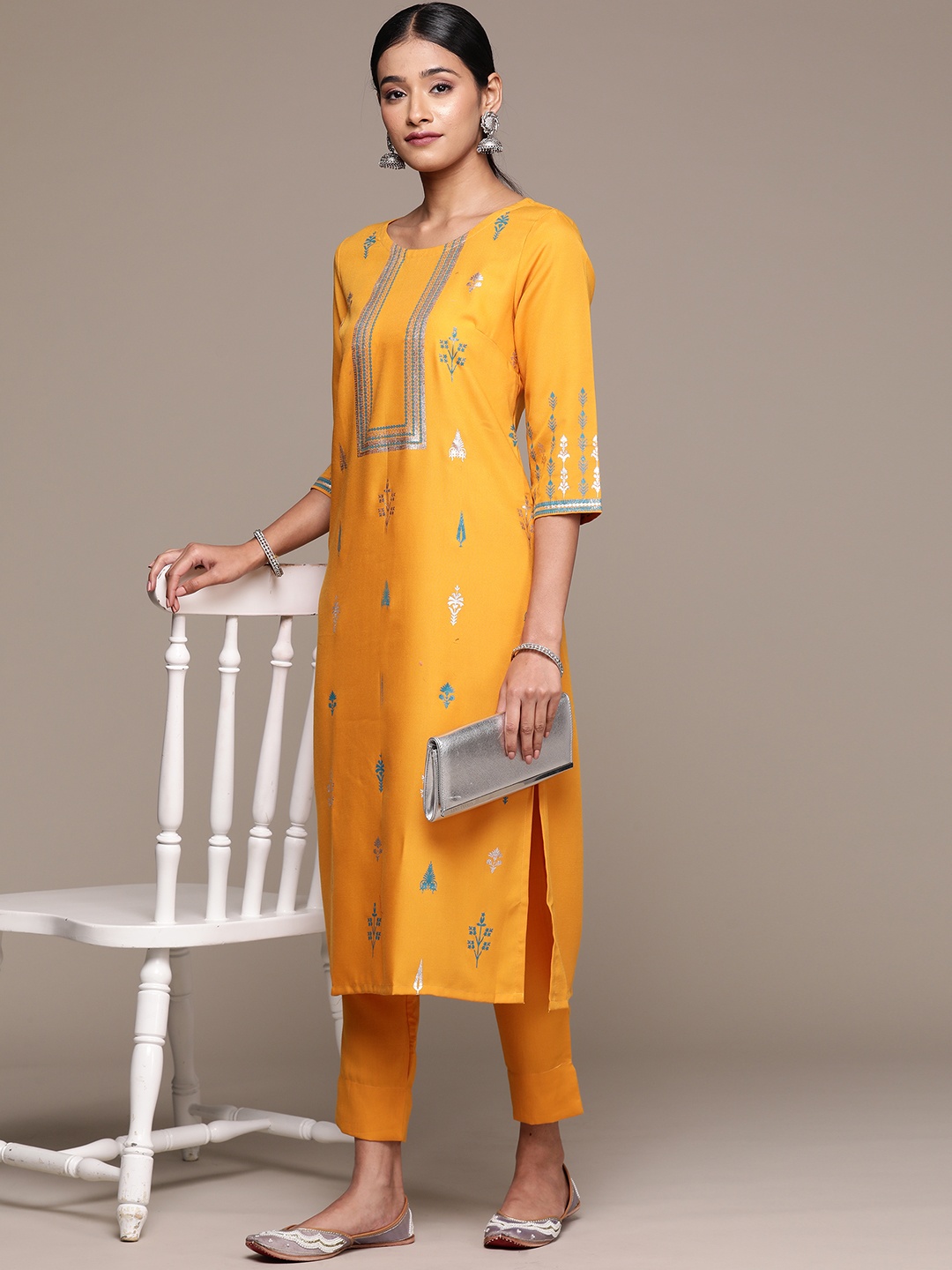 

ZIYAA Floral Printed Regular Kurta with Palazzos, Mustard