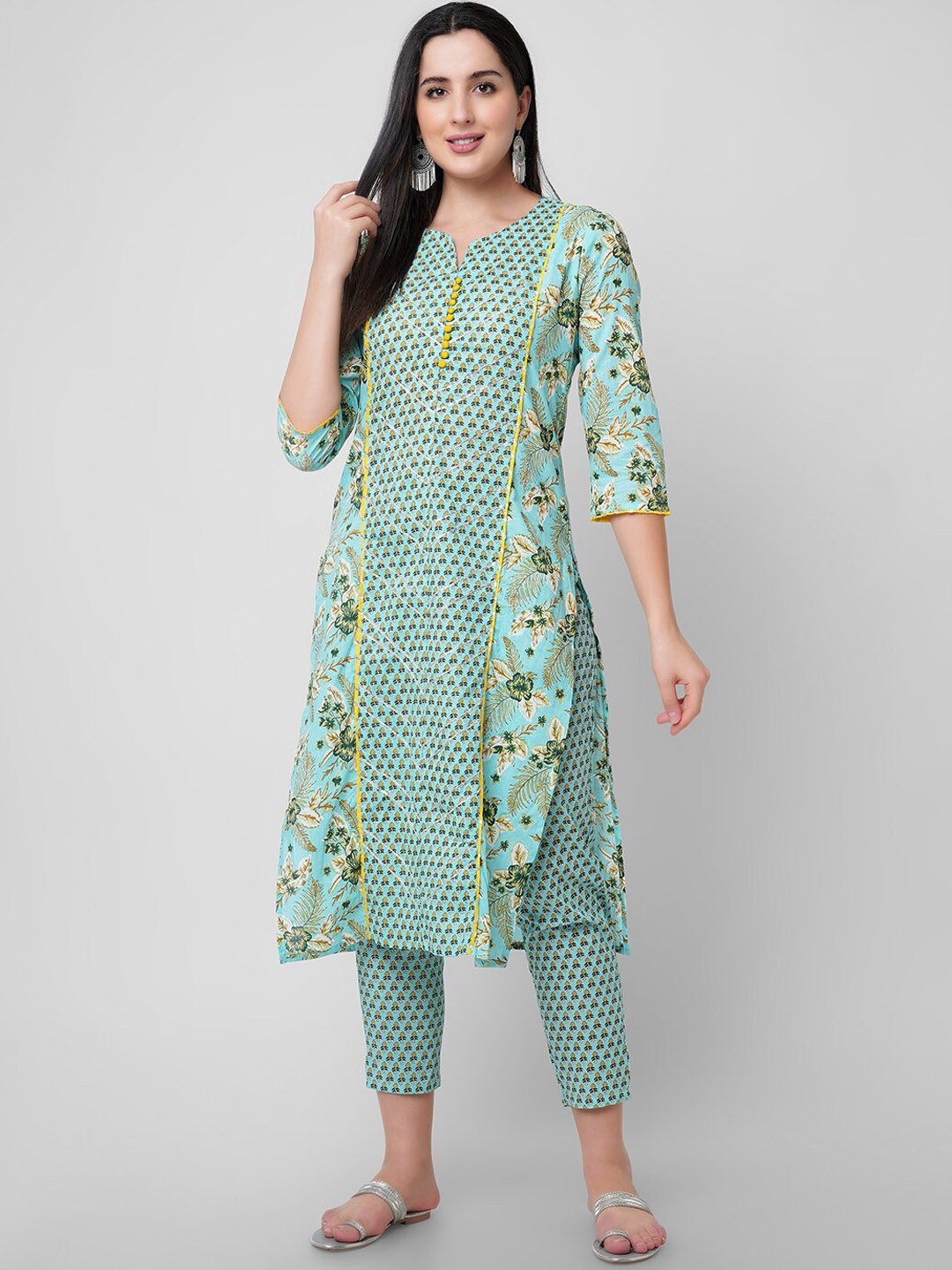 

KALINI Floral Printed Regular Gotta Patti Pure Cotton Kurta with Trousers, Sea green