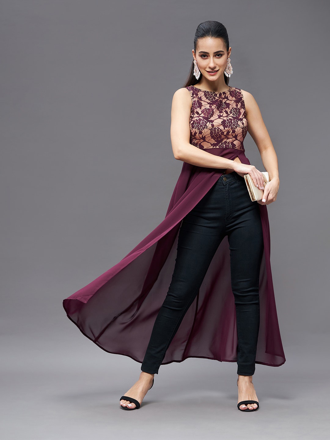 

Miss Chase Maroon & Beige-Coloured Lace Inserted Maxi Top