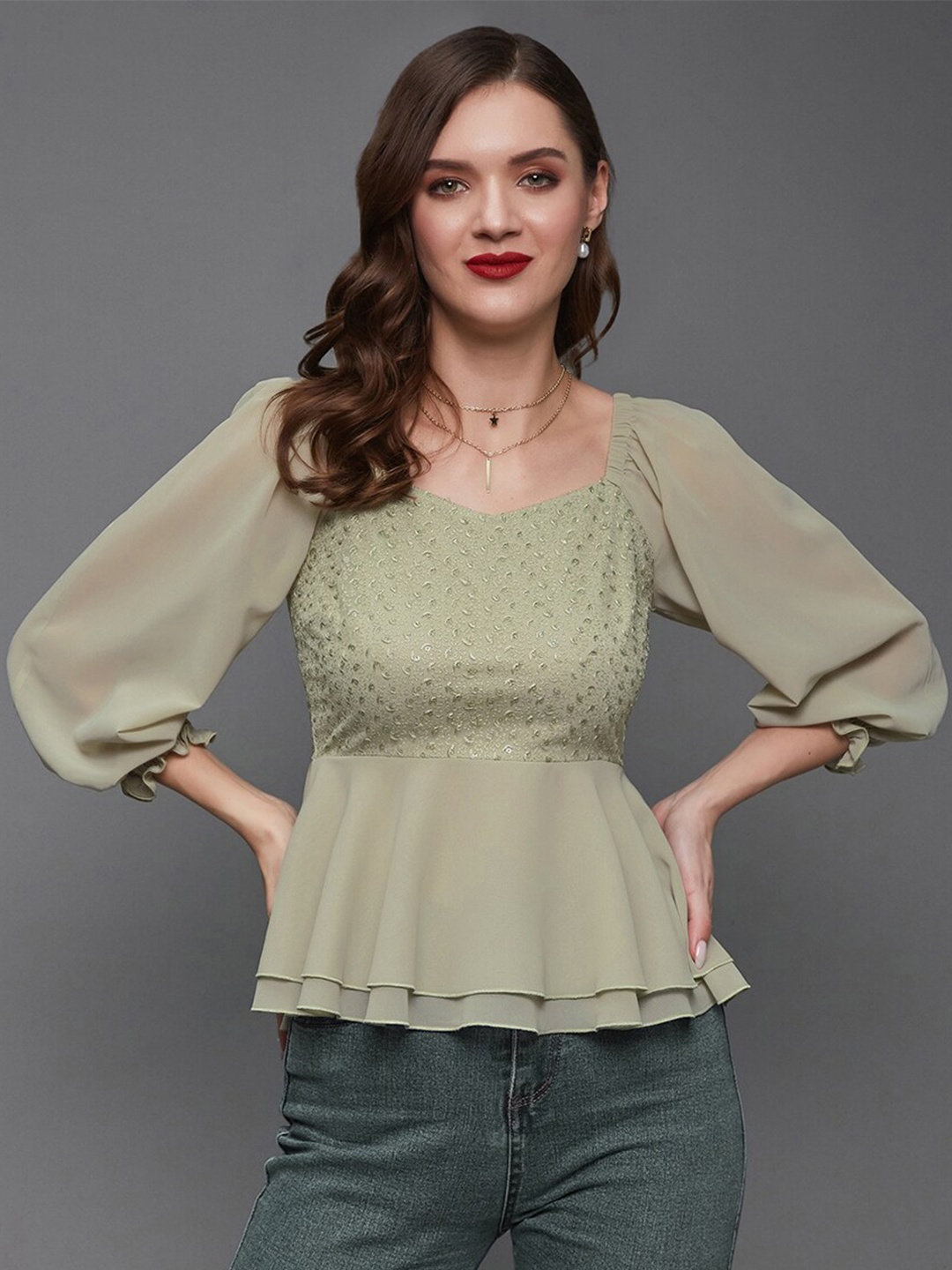 

Miss Chase Green Sequinned Puff Sleeves Peplum Top