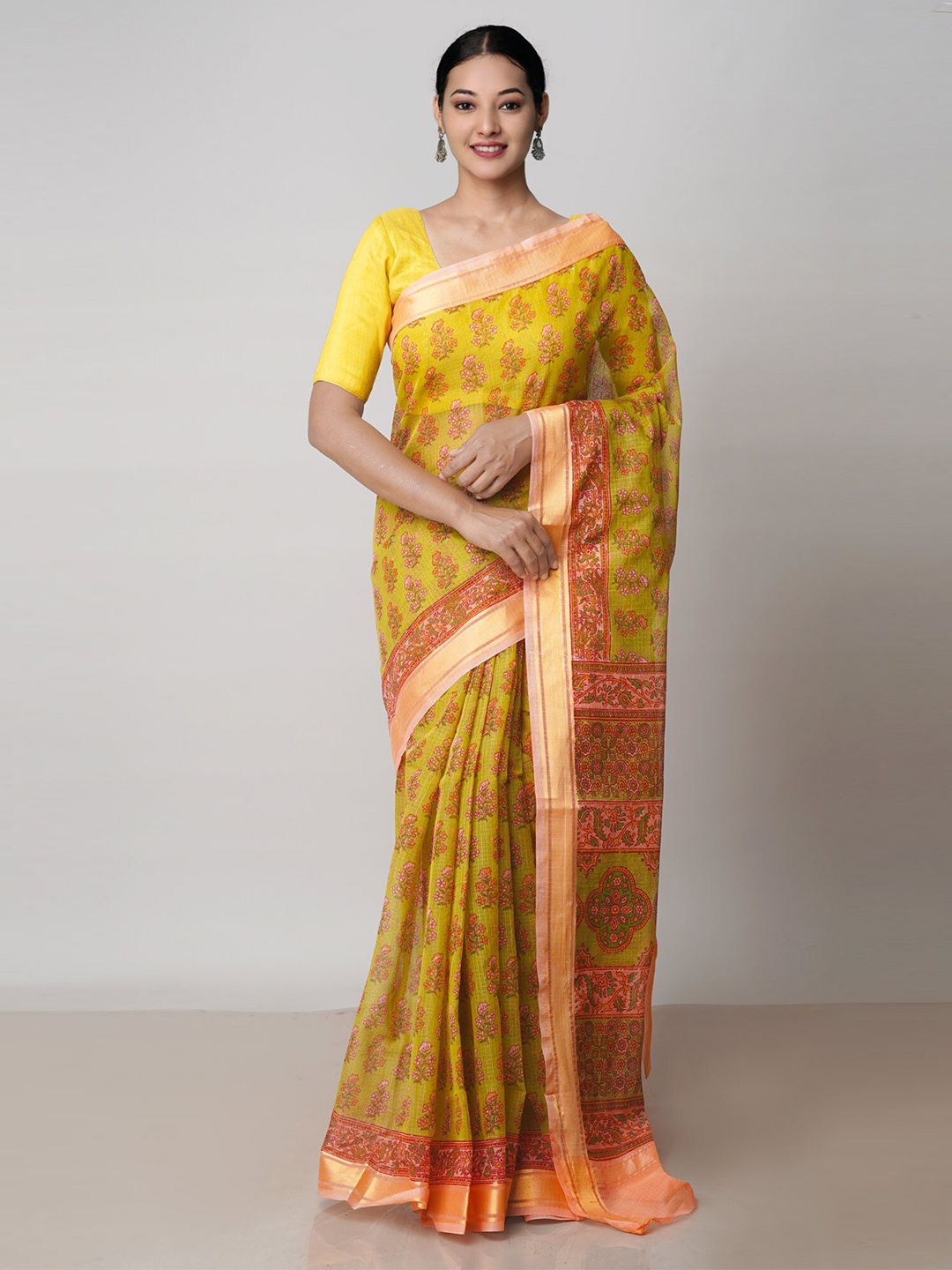 

Unnati Silks Floral Printed Zari Pure Cotton Handloom Kota Saree, Yellow