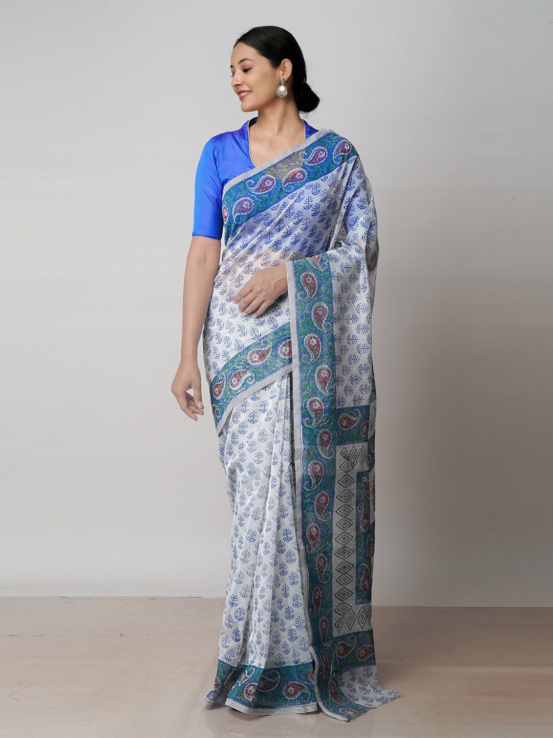 

Unnati Silks Floral Supernet Block Print Saree, Off white