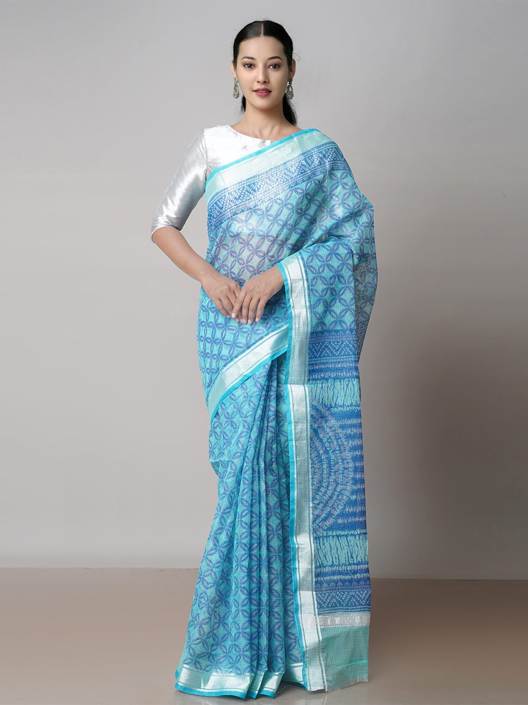 

Unnati Silks Ethnic Motif Printed Zari Pure Cotton Handloom Kota Saree, Blue