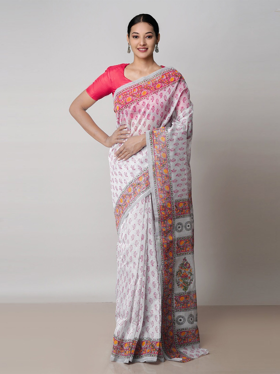 

Unnati Silks Floral Supernet Block Print Saree, Off white