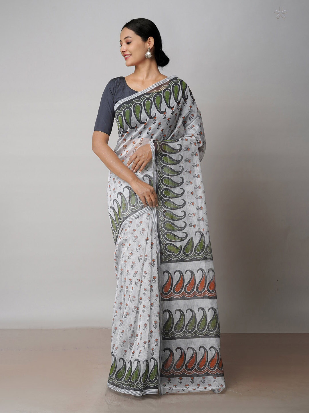 

Unnati Silks Ethnic Block Printed Supernet Saree, Off white
