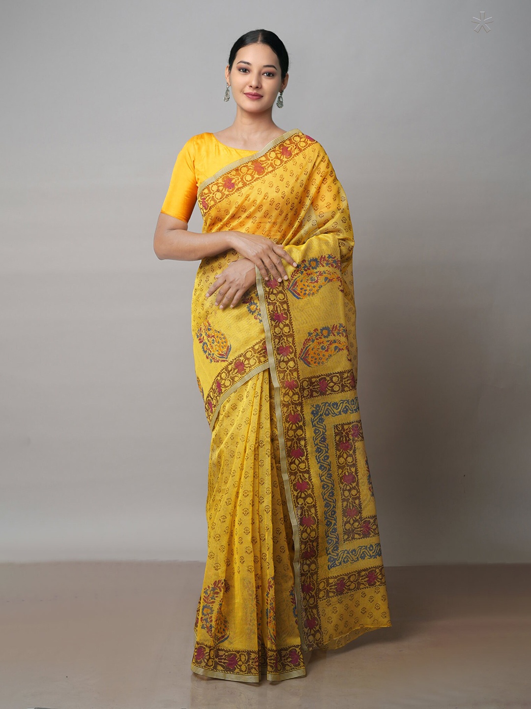 

Unnati Silks Floral Supernet Block Print Saree, Yellow