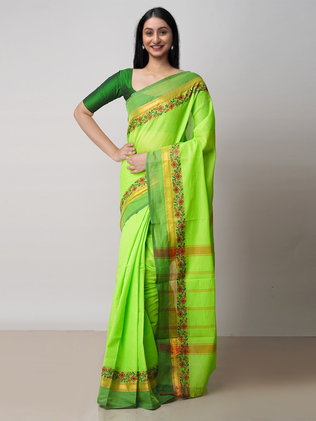 

Unnati Silks Zari Pure Cotton Handloom Chettinad Saree, Green