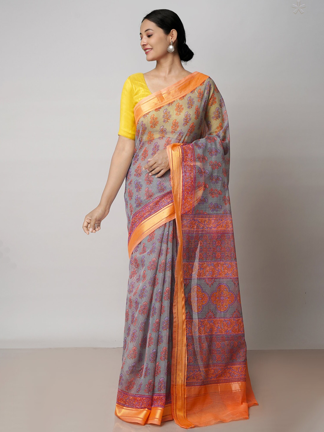 

Unnati Silks Floral Printed Zari Pure Cotton Handloom Kota Saree, Grey