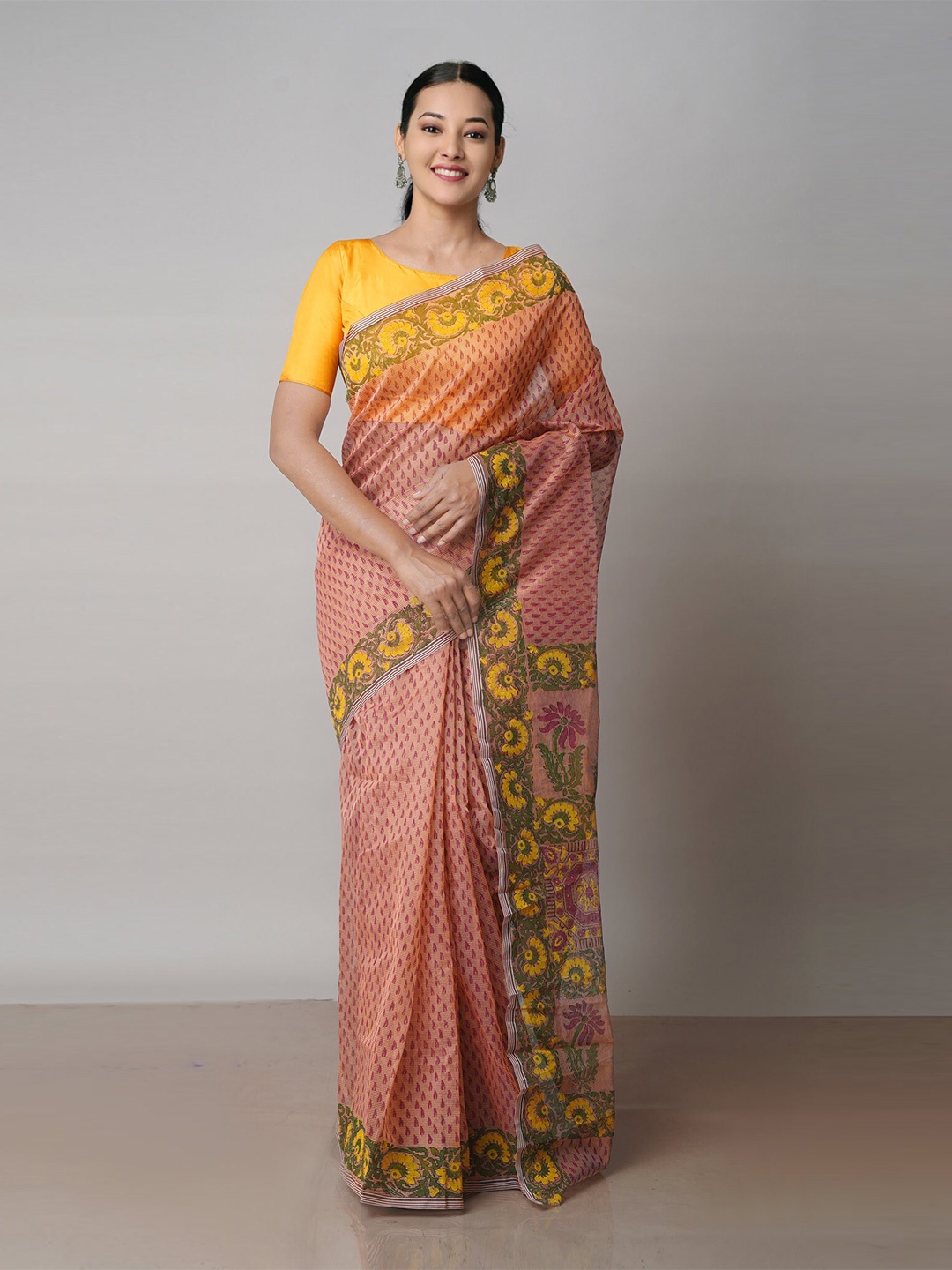 

Unnati Silks Ethnic Motifs Printed Supernet Block Print Saree, Orange