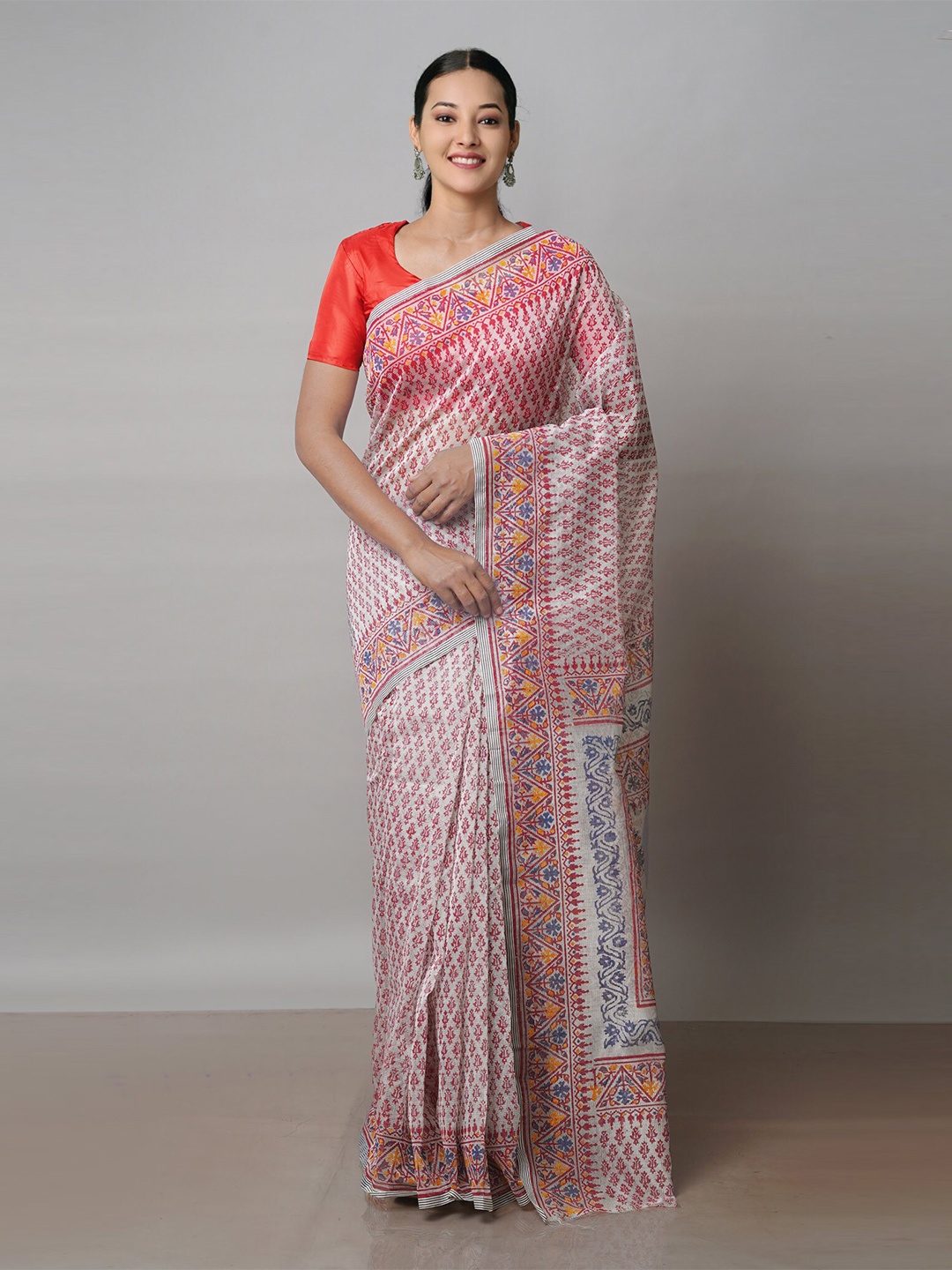 

Unnati Silks Ethnic Motifs Printed Supernet Block Print Saree, Off white