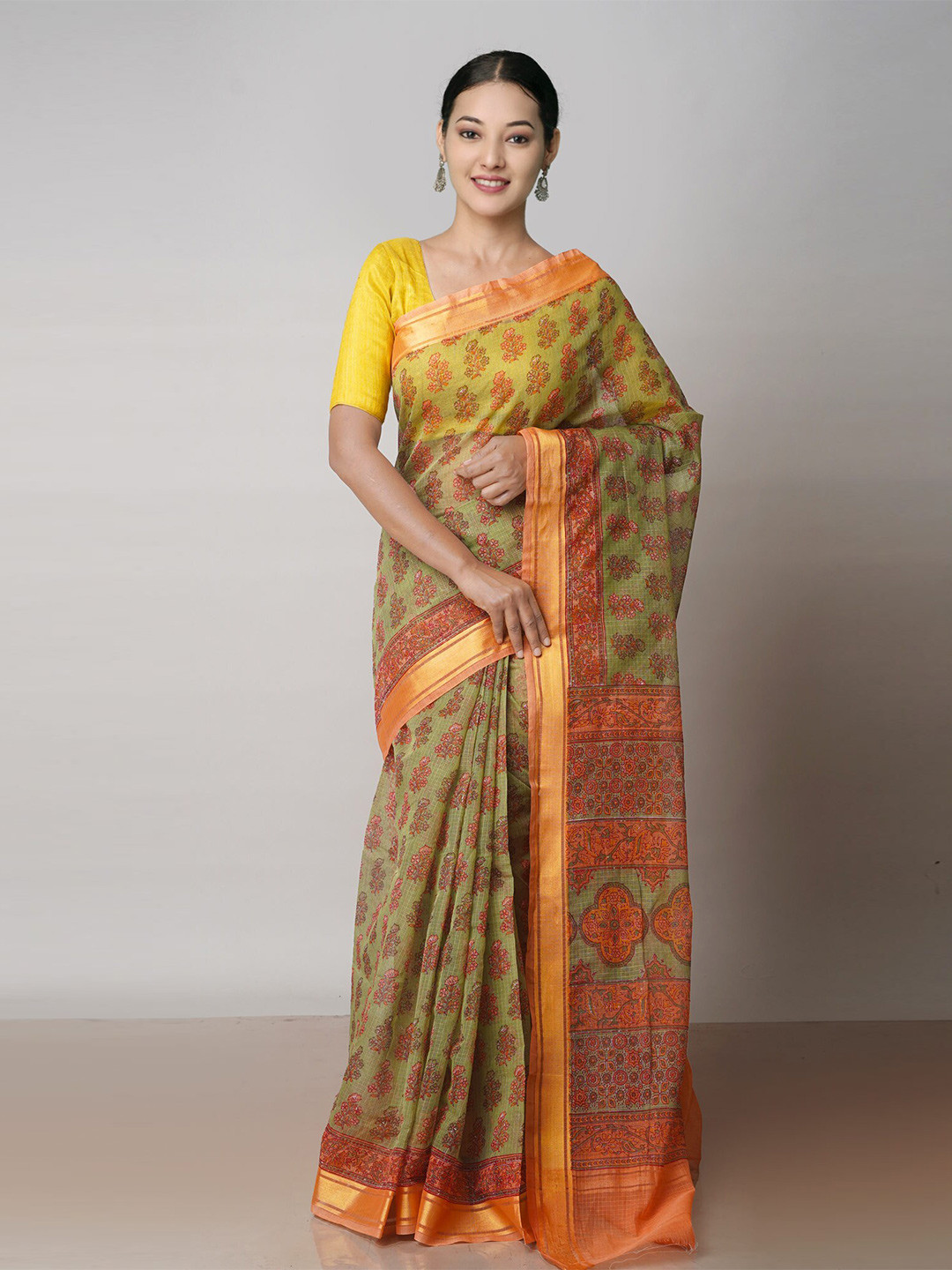 

Unnati Silks Floral Block Printed Zari Pure Cotton Handloom Kota Saree, Green