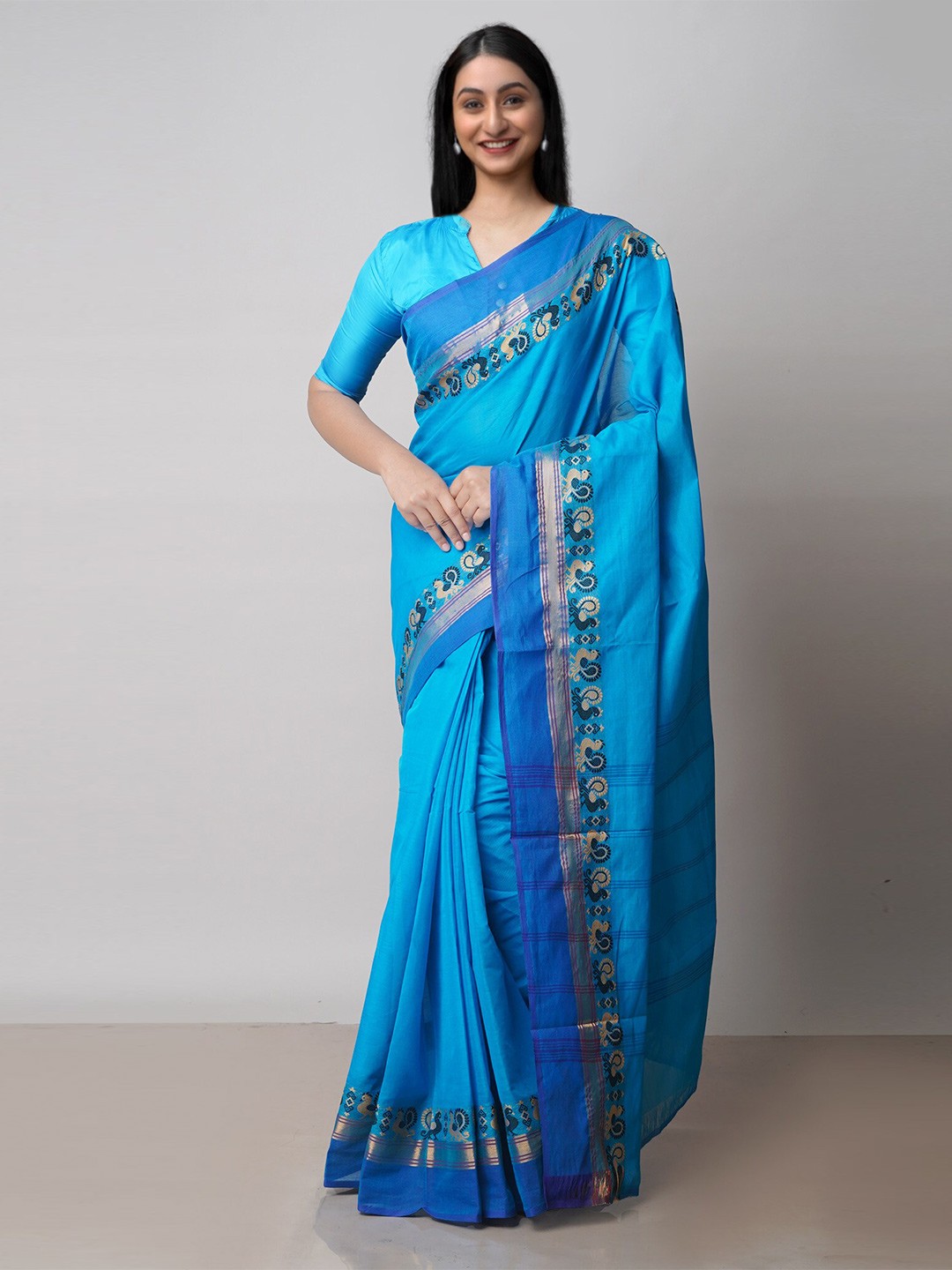 

Unnati Silks Zari Pure Cotton Handloom Chettinad Saree, Blue