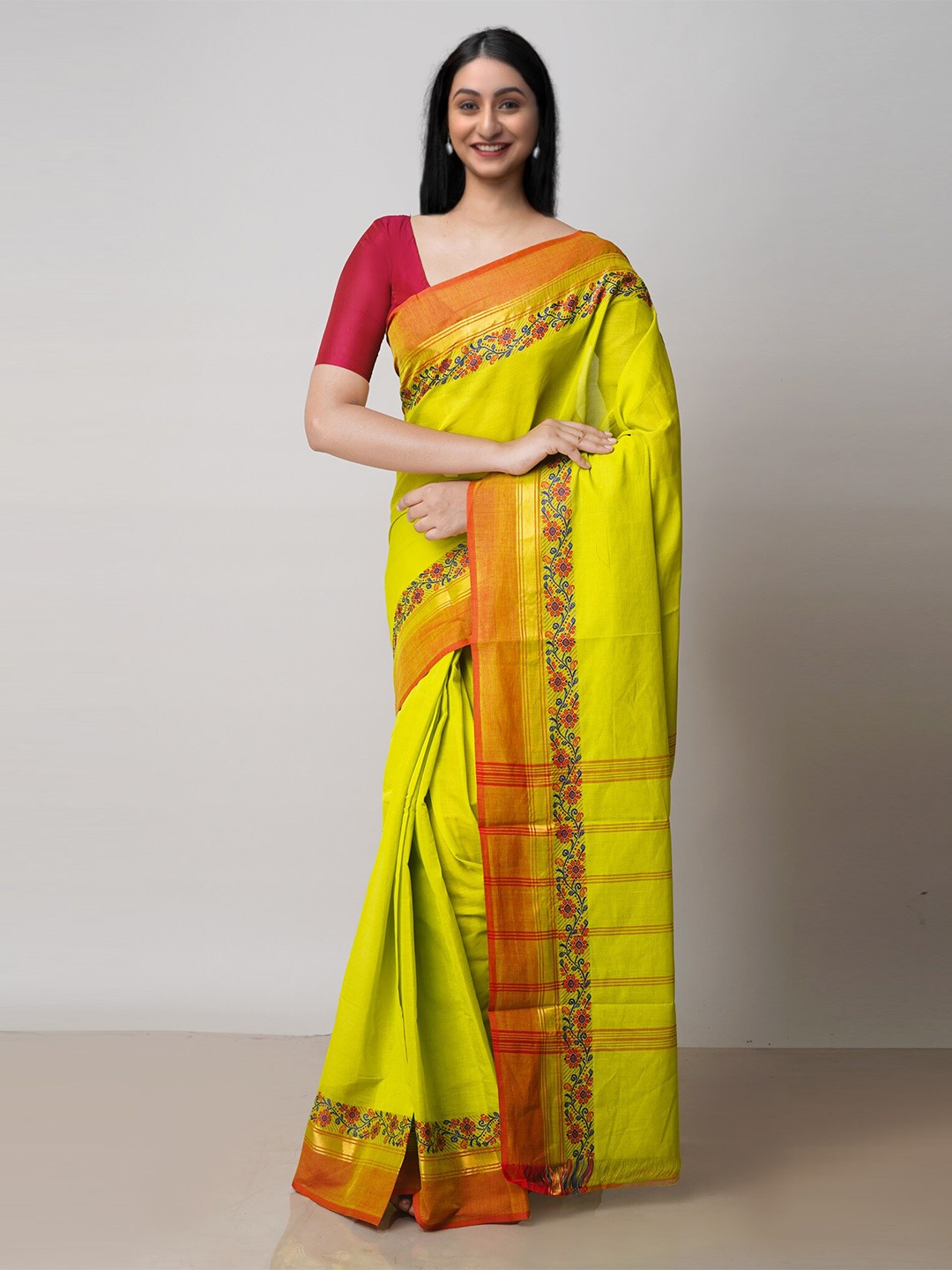 

Unnati Silks Zari Pure Cotton Handloom Chettinad Saree, Green