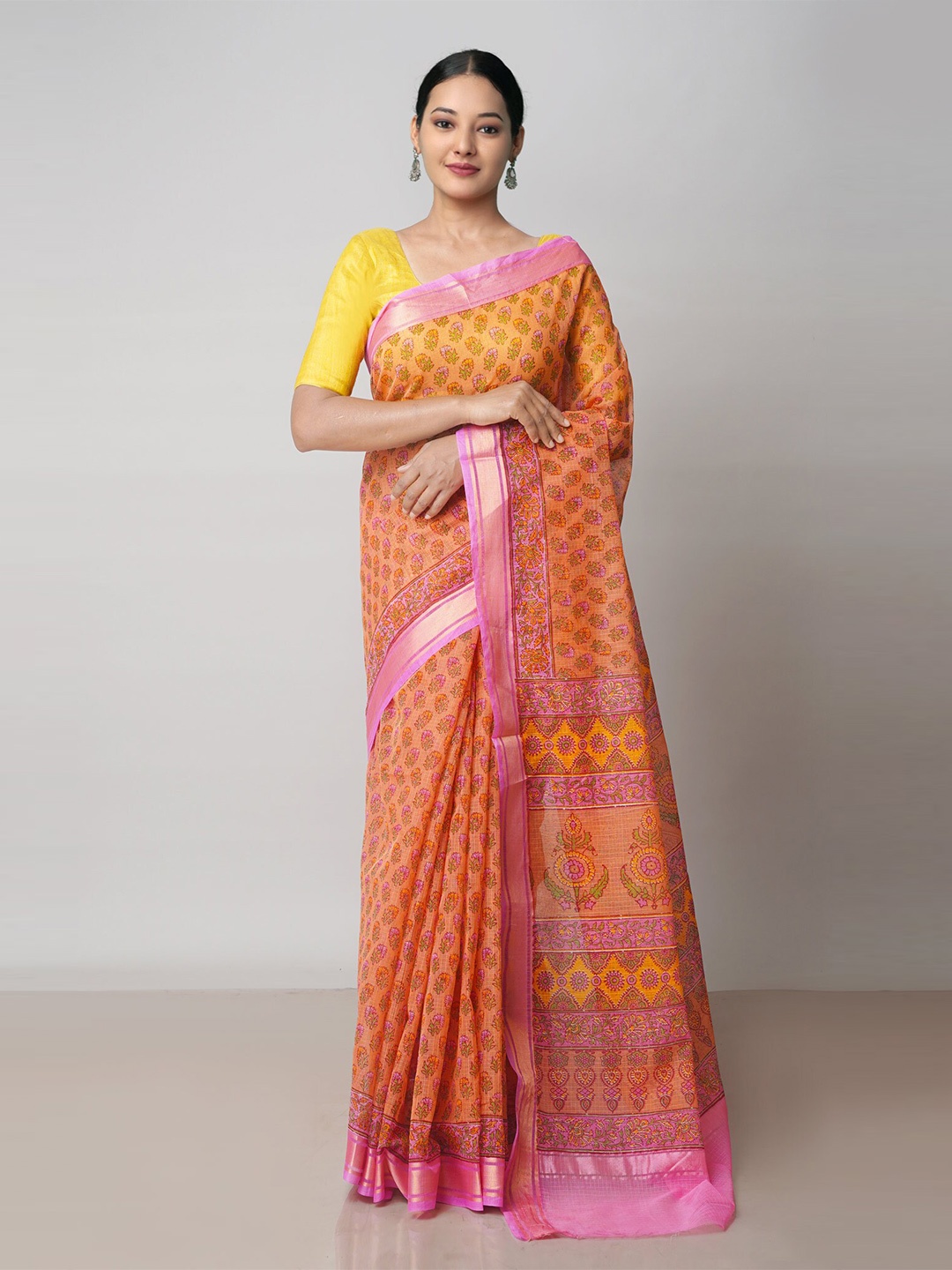 

Unnati Silks Floral Block Printed Zari Pure Cotton Handloom Kota Saree, Orange