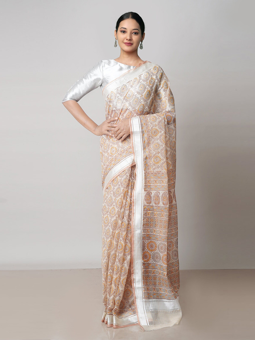 

Unnati Silks Ethnic Block Printed Zari Pure Cotton Handloom Kota Saree, Cream